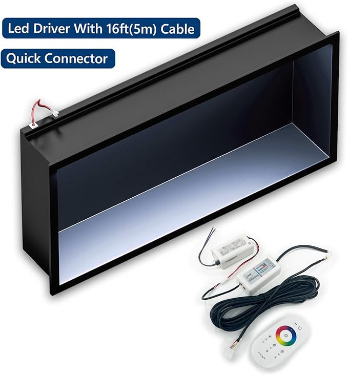 RGB LED Light Shower Niche, Matte Black 30X12 in Stainless Steel Wall Niche with Remote Control, Waterproof No Tile Needed Wall Niche for Bathroom Storage Built-in Installation
