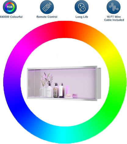 30X12 RGB Shower Niche, Brushed Nickel Stainless Steel LED Recessed Storage, No Tile Needed Wall Niche for Bathroom Storage Over Mount Installation