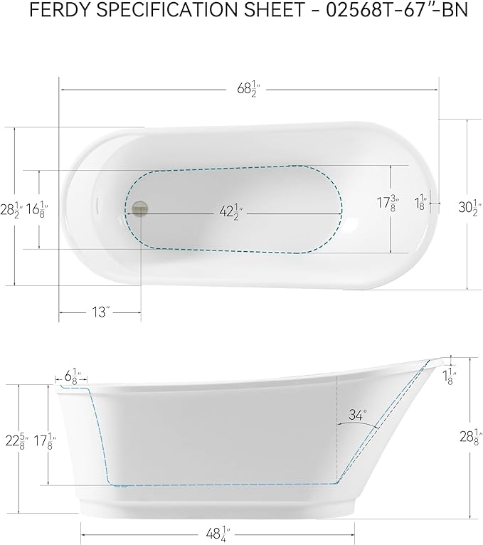 FerdY Langkawi 67" Acrylic Freestanding Bathtub, White Modern Stand Alone Soaking Bathtub, cUPC Certified, Brushed Nickel Drain and Minimalist Linear Design Overflow Included, Easy to Install, 02568T