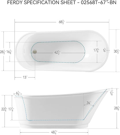 FerdY Langkawi 67" Acrylic Freestanding Bathtub, White Modern Stand Alone Soaking Bathtub, cUPC Certified, Brushed Nickel Drain and Minimalist Linear Design Overflow Included, Easy to Install, 02568T