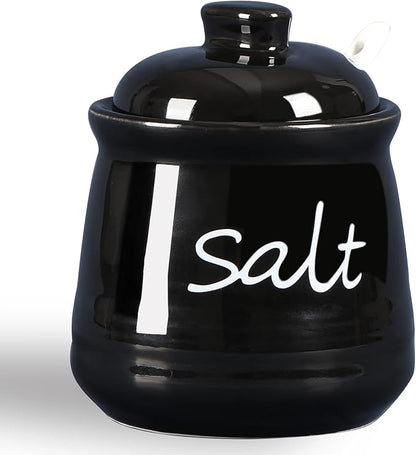 ONTUBE Ceramic Salt Bowl with Lid and Spoon 12oz (Black)