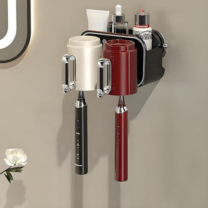 Wall Mounted Suction Toothbrush Holder with 2 Cups, Large Capacity Bathroom Organizer, Storage for Toothpaste, Face Wash-No Drill Adhesive for Wall