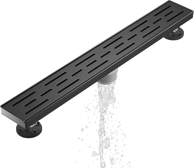 Sharp-tec Linear Shower Drain, 24 inch Shower Drain with Removable Pattern Cover, Matte Black 304 Stainless Steel Rectangle Floor Drain, Adjustable Feet and Hair Strainer Included (Model 101)