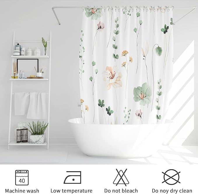 Gibelle Extra Long Shower Curtain 72 x 84, Watercolor Floral Fabric Shower Curtain, Sage Green Beige Flower Decorative Bathroom Shower Curtain Set