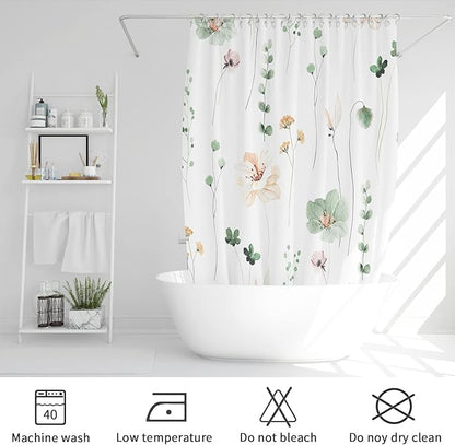 Gibelle Extra Long Shower Curtain 72 x 84, Watercolor Floral Fabric Shower Curtain, Sage Green Beige Flower Decorative Bathroom Shower Curtain Set
