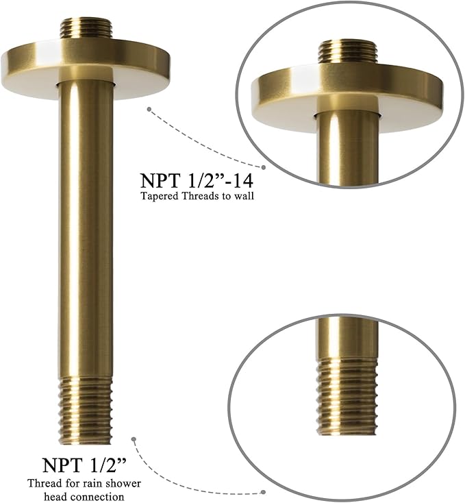 8 Inch Shower Arm with Flange, Ceiling Mounted Shower Head Extension Arm, 1/2 NPT Straight Arm for Rain Shower Head, Stainless Steel Shower Head Extension Replacement Pipe Arm, Gold