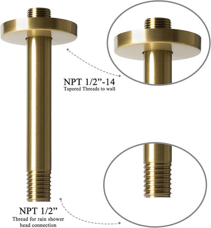 8 Inch Shower Arm with Flange, Ceiling Mounted Shower Head Extension Arm, 1/2 NPT Straight Arm for Rain Shower Head, Stainless Steel Shower Head Extension Replacement Pipe Arm, Gold