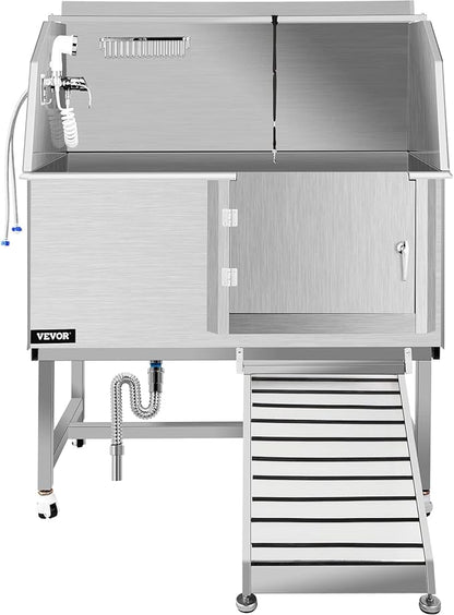 VEVOR Dog Grooming Tub, 50" Right Door Pet Wash Station, Professional Stainless Steel Tub Rated 330LBS Load Capacity, Non-Skid Dog Washing Station Comes with Ramp, Faucet, Sprayer and Drain Kit