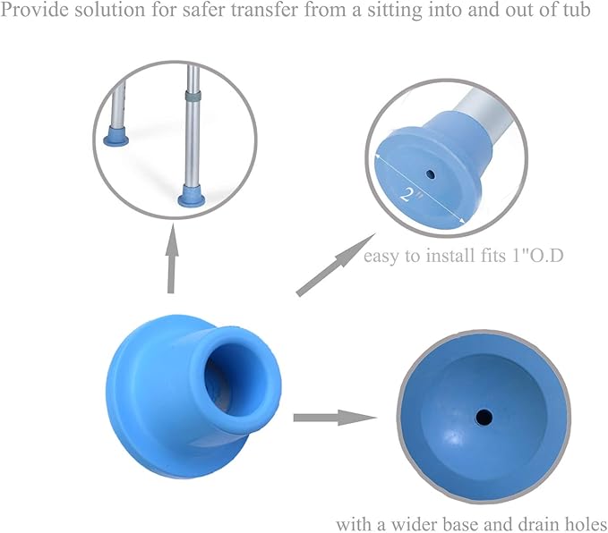 Replacement Feet for Shower Chair Bath Seat, Shower stools and Transfer Bench, Non-Skid Shower Bench and Tub Transfer Benches Rubber Suction Cup Feet, Metal Insert Reinforced (1" I.D, Blue)