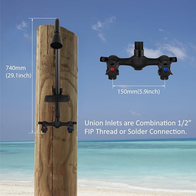 Aolemi Outdoor Shower Kit Fixtures Faucet System with High Pressure Showerhead Utility 2-Handle Exposed Shower with Brass Mix Valve 6 Inch Center with Soap Dish Matte Black