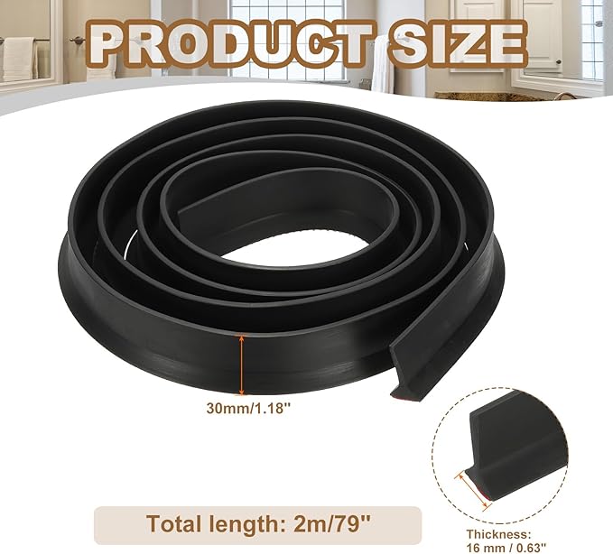 PATIKIL 79 Inch Collapsible Shower Threshold Water Dam Guard, Shower Stopper Barrier Self Adhesive Sink Splash Guards for Frameless Shower Door Bottom, Black (1.2"Wx0.6"T)