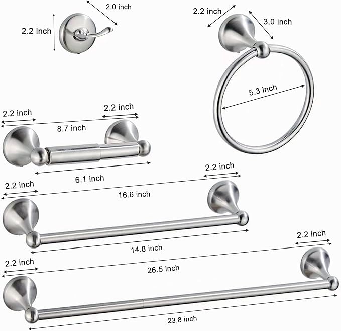 Newfun 8-Pieces 24" Bathroom Hardware Set, Bathroom Accessory Set, Includes 24" Adjustable Bath Towel Bar, Towel Rings Wall Mounted, Toilet Paper Holder, Robe Towel Hooks (Brushed Nickel)