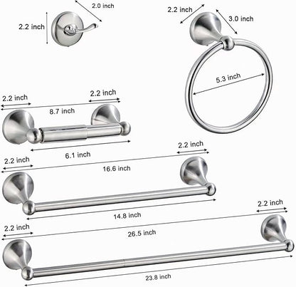 Newfun 8-Pieces 24" Bathroom Hardware Set, Bathroom Accessory Set, Includes 24" Adjustable Bath Towel Bar, Towel Rings Wall Mounted, Toilet Paper Holder, Robe Towel Hooks (Brushed Nickel)