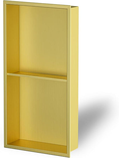 Neodrain Shower Niche Double Shelf Stainless Steel No Tile Needed Bathroom Niches Recessed in Wall, 2-Tier Recessed Wall Niche Waterproof Cubby(12X24Inch Golden)