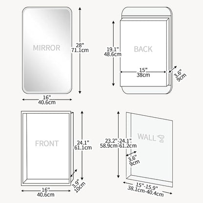 Rectangle Medicine Cabinet with Beveled Edge Mirror, No-Assembly Bathroom Wall Cabinet with Mirror, Adjustable Shelves, Tissue Slot, Recessed or Surface Mount (28" H x 16" W)