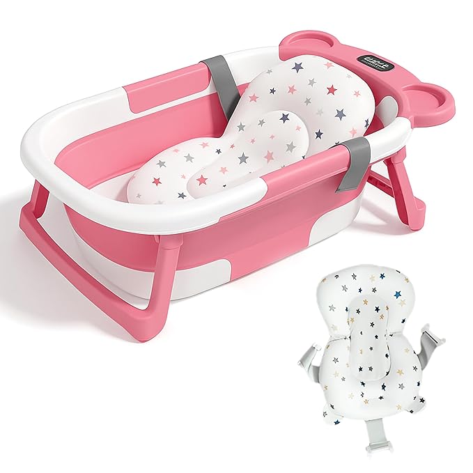 Portable Baby Bathtub with Heat Sensor for Toddlers & Newborns, Padded Baby Bath Tub with Water Release Feature for Travel & Home Baby Bath seat