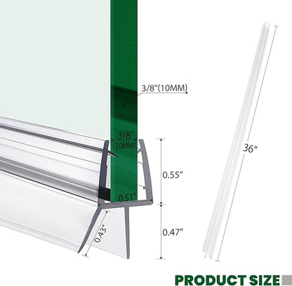 Shower Glass Door Bottom Seal, 2PCS 36 Inch Ultra Clear PVC Seal Strip with Sweep for 3/8"(10mm) Thick Frameless Glass Door, to Stop Water Leakage