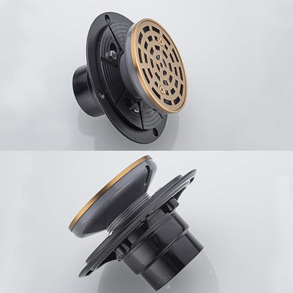 RANDOM Round Shower Drain SUS304 Stainless Steel Champagne Bronze Shower Drain 4 inch with Adjustable PVC Base Flange,Shower Floor Drain with Removable Cover Grid Grate