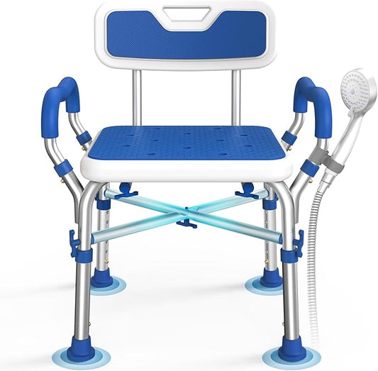 FSA/HSA Eligible Shower Chair for Inside Shower with Reinforced Crossing Bar, Heavy Duty Shower Seat 500lbs with Padded Arms and Back, Height Adjustable Shower Chair for Elderly and Disabled