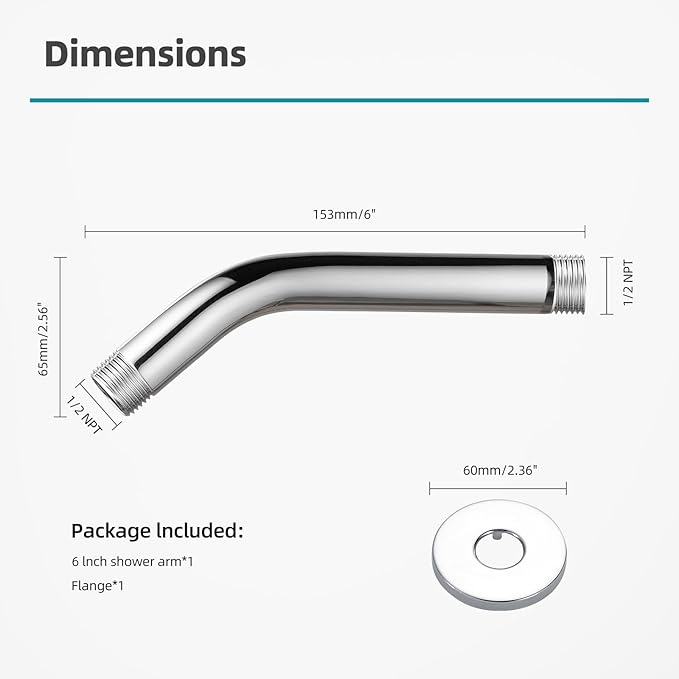 Cobbe Shower Arm with Flange and Teflon Tape, 6-Inches Wall Mounted Shower Pipe Arm 304 Stainless Steel Extension for Fixed Shower Head, Chrome