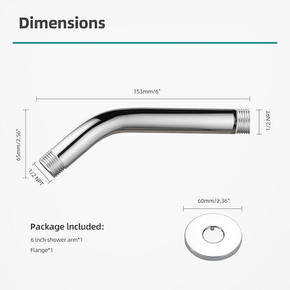 Cobbe Shower Arm with Flange and Teflon Tape, 6-Inches Wall Mounted Shower Pipe Arm 304 Stainless Steel Extension for Fixed Shower Head, Chrome