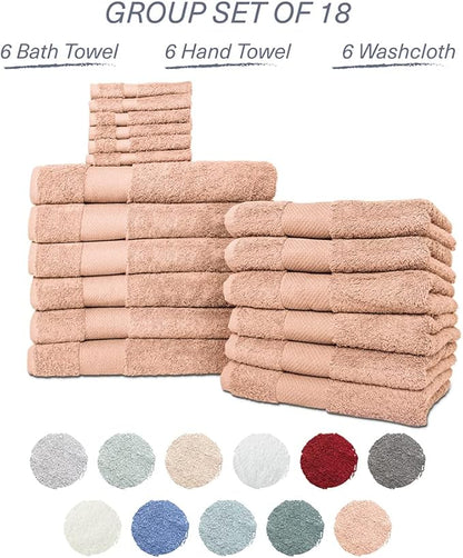 Hencely 18-Piece Bath Towel Set - High Absorbency, Quick Drying - 100% Soft Turkish Cotton - 6 Bath Towels, 6 Hand Towels, 6 Washcloths - for Bathroom, Home, Hotel, Spa, and Gym - 18-Pack Dark Peach