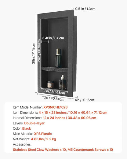 VEVOR Shower Niche, 16 x 28 x 4 inch Recessed Wall Niche with Movable Divider Shelf, Modern Soap & Shampoo Storage Organizer, Square Corners, Sealed Waterproof Design, Black for Bathroom Shower