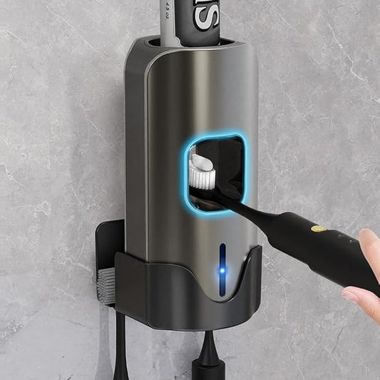 Automatic Toothpaste Dispenser Wall Mounted - Hands-Free Toothpaste Squeezer with 3 Speed Settings, 2 Toothbrush Holders & Strong Adhesive - Smart Bathroom Organizer for Kids and Adults