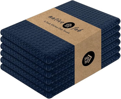 Native Fab Cotton Kitchen Towel with Hanging Loop 16x26 inches, 6-Pack, Waffle Weave Kitchen Towels for Cleaning Drying, Washcloths Soft & Absorbent Cloth Rags, Bar Towel, Dish Cloth, Navy