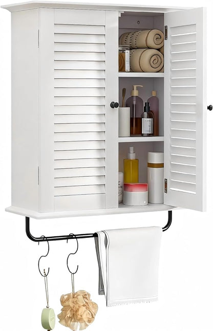 White Wall Mounted Cabinet, Over the Toilet Storage Cabinet, Wooden Wall Cabinet with 2 Doors & Hooks, White Wall Cabinet, Medicine Cabinet Organizer, Storage Cabinets Over Toilet Livingroom Kichen