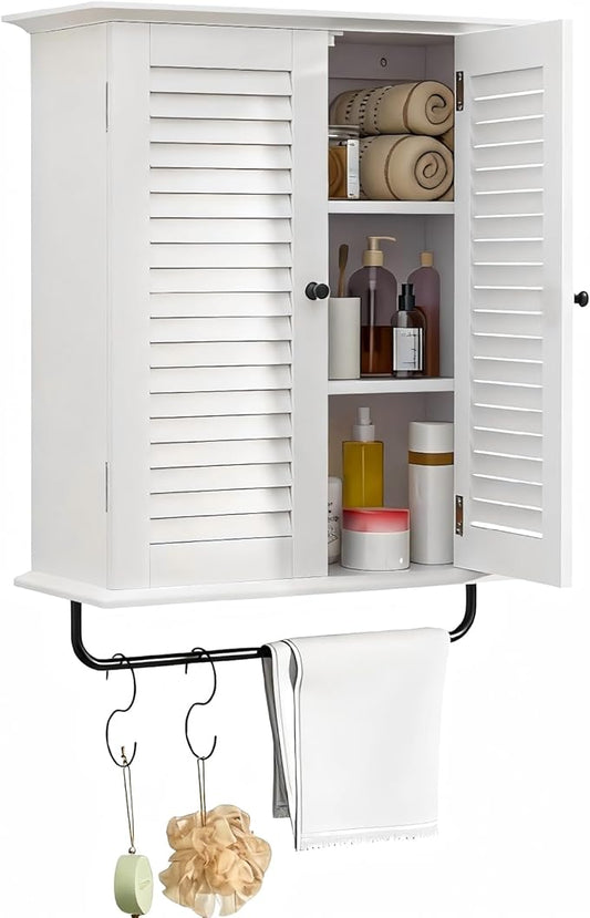 White Wall Mounted Cabinet, Over the Toilet Storage Cabinet, Wooden Wall Cabinet with 2 Doors & Hooks, White Wall Cabinet, Medicine Cabinet Organizer, Storage Cabinets Over Toilet Livingroom Kichen