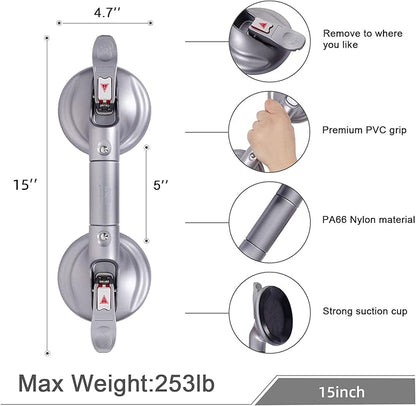 15inch Suction Shower Grab Bar, Portable Shower Handle Bar Suction Grip Bar Bathtub Handle with Strong Suction Cup Fitting and Rapid Release for Bathroom(Max Capacity :300lb