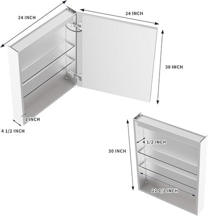 GroGro Lighted Medicine Cabinet with Mirror and Storage,24" W x 30" H LED Bathroom Medicine Cabinet with Mirror,Surface or Recessed Mounting,Defog,Dimming,3-Color Temperature,Right Opening Door