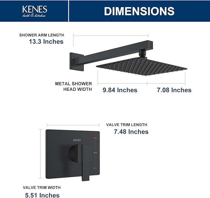 KENES Matte Black Shower Faucet with 10-Inch Shower Head and Handle Set, Square Shower Faucet Set Bathroom Rainfall Shower System Wall Mount, KE-6024B-2 (Shower Valve Included)