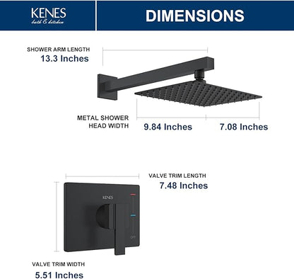 KENES Matte Black Shower Faucet with 10-Inch Shower Head and Handle Set, Square Shower Faucet Set Bathroom Rainfall Shower System Wall Mount, KE-6024B-2 (Shower Valve Included)