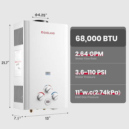 GASLAND 2.64 GPM Propane Tankless Water Heater with Pump & Pipe Strainer for Camping and Off Grid Cabins, 10L Outdoor On Demand Hot Water Heater