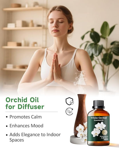 Mumianhua White Orchid Essential Oil Pure - Therapeutic Grade Aromatherapy Oil for Skin Care, Diffuser & Candle Making 100ml 3.38 Oz w/Dropper