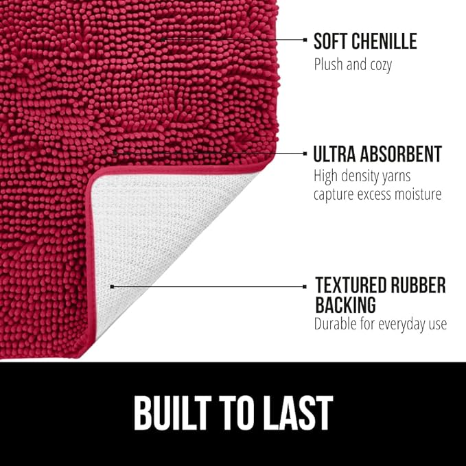 GORILLA GRIP Bath Rug Mat, Thick Soft Absorbent Chenille, Quick Dry Microfiber Mats, Rubber Backing Washable Shower Floor Rugs, Bathmat Runner, US Designed Bathroom Home Decor Accessories 24x17, Red