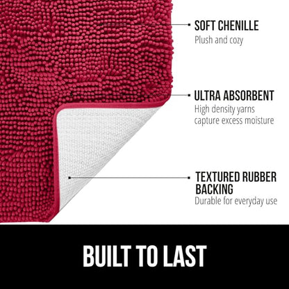 GORILLA GRIP Bath Rug Mat, Thick Soft Absorbent Chenille, Quick Dry Microfiber Mats, Rubber Backing Washable Shower Floor Rugs, Bathmat Runner, US Designed Bathroom Home Decor Accessories 24x17, Red