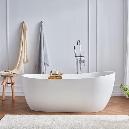 Cpingao 59" Solid Surface Freestanding Bathtub, Contemporary Oval Stone Resin Stand Alone Soaking Tub with Overflow and Pop Up Drain, One-Piece Molding Matte White 8828-1500