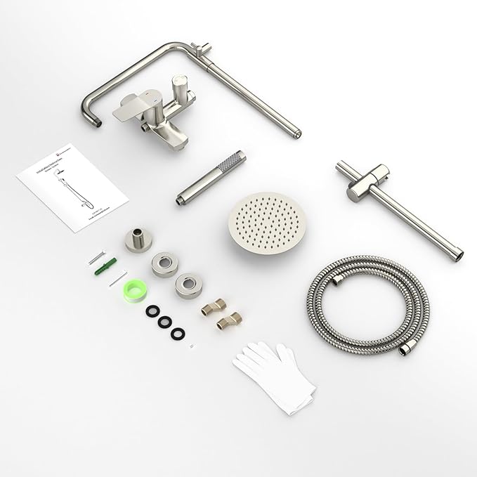 Rainsworth Outdoor Shower Kit Brushed Nickel - Single Handle Brass Valve, 8 Inch Rain Shower Head and Handheld Spray Shower Fixture Combo, 304 Stainless Steel Wall Mount