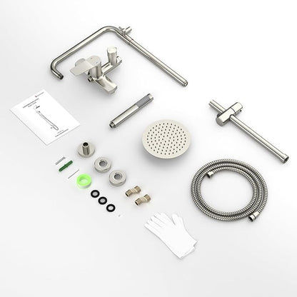 Rainsworth Outdoor Shower Kit Brushed Nickel - Single Handle Brass Valve, 8 Inch Rain Shower Head and Handheld Spray Shower Fixture Combo, 304 Stainless Steel Wall Mount