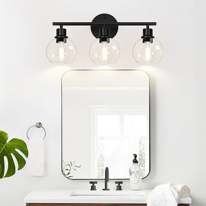 2025 Upgrade 3-Light Bathroom Light Fixtures, Black Bathroom Lights Over Mirror with Clear Glass Globe Shade, Vanity Lights for Bathroom Kitchen Living Room Hallway Cabinet Bedroom Porch.
