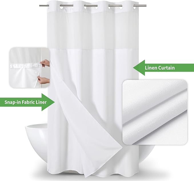 Stall No Hooks Needed Linen Textured Shower Curtain with Snap-in Fabric Liner Set,Hotel Luxury Decor Shower Curtains for Bathroom,Waterproof & Washable,60Wx74H,White