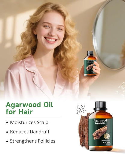 Agarwood Essential Oil, Mumianhua Natural Aromatherapy Agarwood Oil for Aromatherapy, Diffuser, Spray, Skin, Hair Care, Massage, Soap, Candle Making, Perfume 3.38 Fl Oz