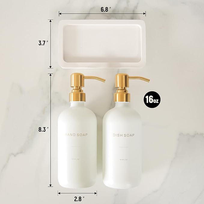 Gold Soap Dispenser Set, Glass Soap Dispenser with Stainless Steel Pump, Perfect for Modern Kitchen Counter Decor. (Gold)