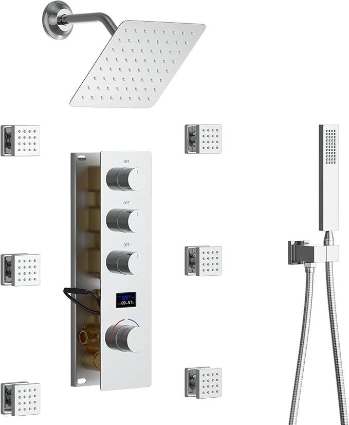 Digital Tempreature Display Full Body Shower System Wall Mounted 8 Inch Rain Shower System with 6 PCS Body Jets, Handheld Spray, Chrome Shower Fixtures