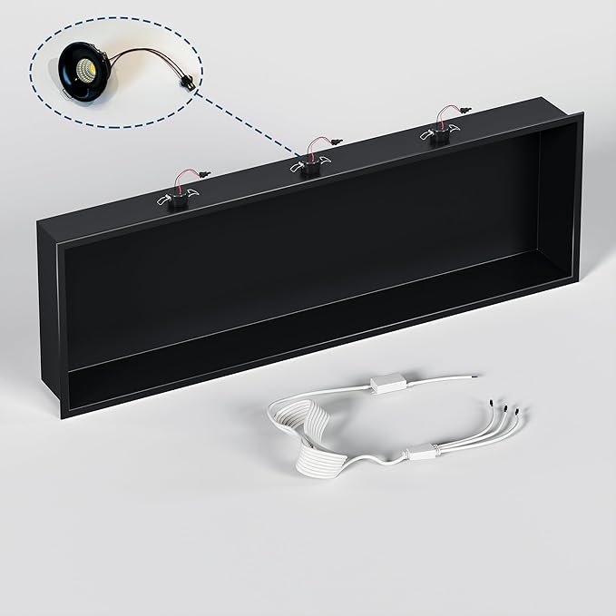 Neodrain Wall Niche with Non-dim LED Downlight - Matte Black Stainless Niche No Tile Needed 36x12 inch Shower Storage Niche