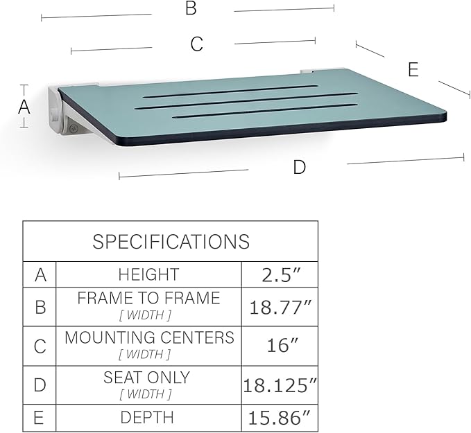 18 inch Silhouette Slimline Folding Wall Mount Shower Bench Seat, Teal Seat with White Frame