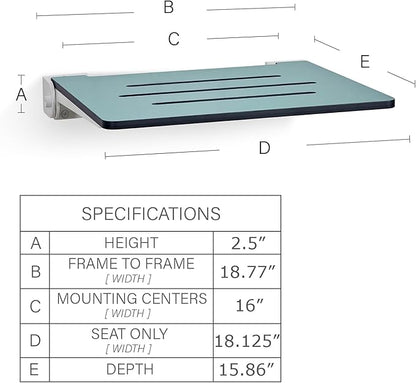 18 inch Silhouette Slimline Folding Wall Mount Shower Bench Seat, Teal Seat with White Frame